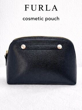Furla Black Pebbled Leather Cosmetic Pouch Zip Makeup Bag Italy